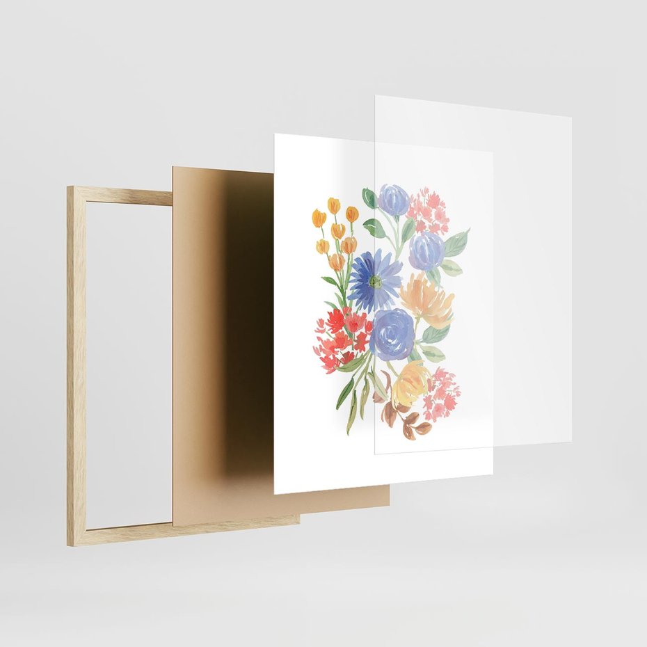 Plakat w ramie 40x50 - Kwiatowe Światło - akwarelowe kwiaty, bukiet - rama drewno