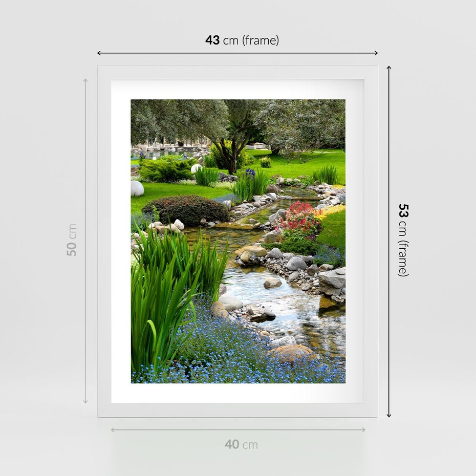 Plakat w ramie 40x50 - Ogródowy Strumyk - strumyk, ogród - rama biała
