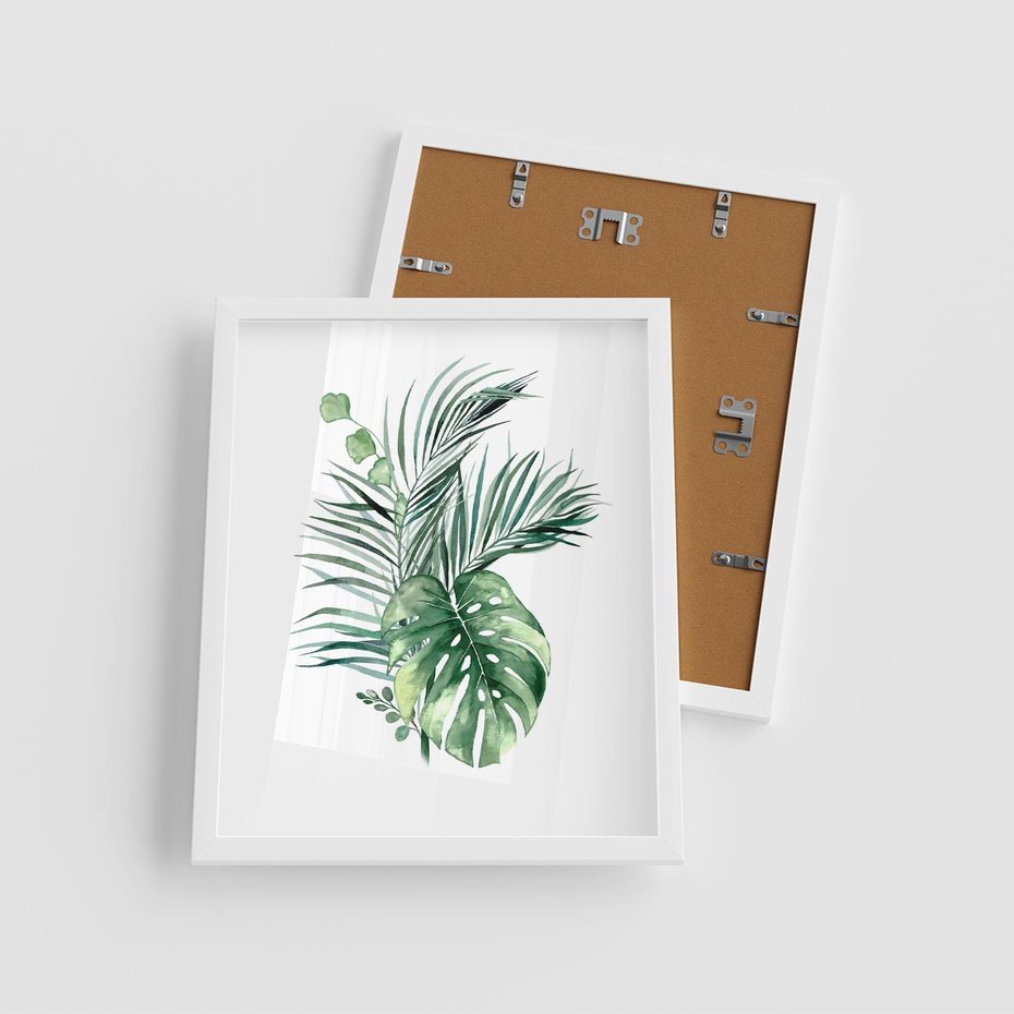 Plakat w ramie 40x50 - Liście i Życie: Akwarelowa Oaza - akwarelowy obrazek, pamy - rama biała