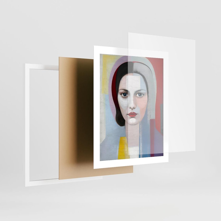 Plakat w ramie 40x50 - Kolorowe Granice Form - abstrakcyjny obraz olejny, portret twarzy kobiety - rama biała