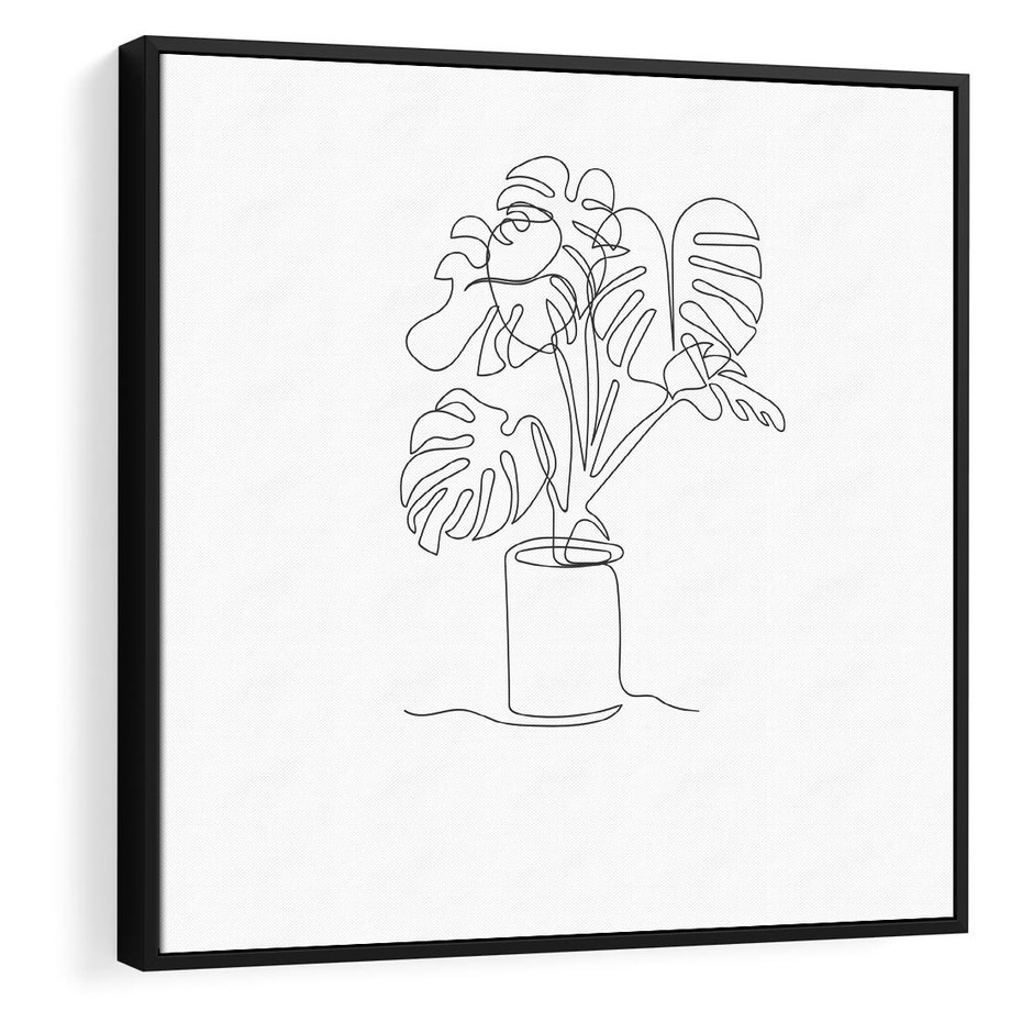 Obraz w ramie 50x50 - Tajemnicza Harmonia - sztuka one line, monstera - rama czarna