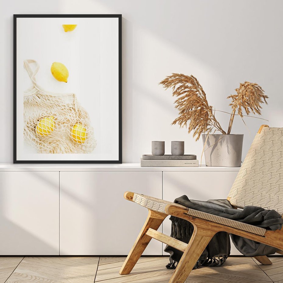 Plakat w ramie 30x40 - Cytrynowa Siatka - cytryny, materiałowa siatka - rama czarna