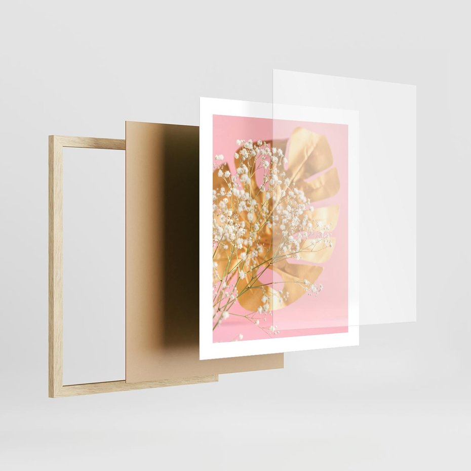 Plakat w ramie 40x50 - : Elegancja w Złocie - złote, liście - rama drewno