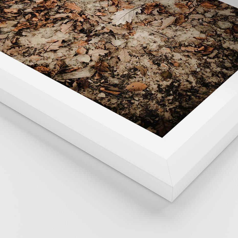 Plakat w ramie 30x40 - Suchość Liści w Brązowych Tonach - suche liście jesień brąz - rama biała