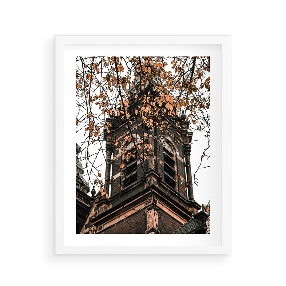 Plakat w ramie 40x50 - Jesienna Wieża w Liściach - architektura, wieża - rama biała