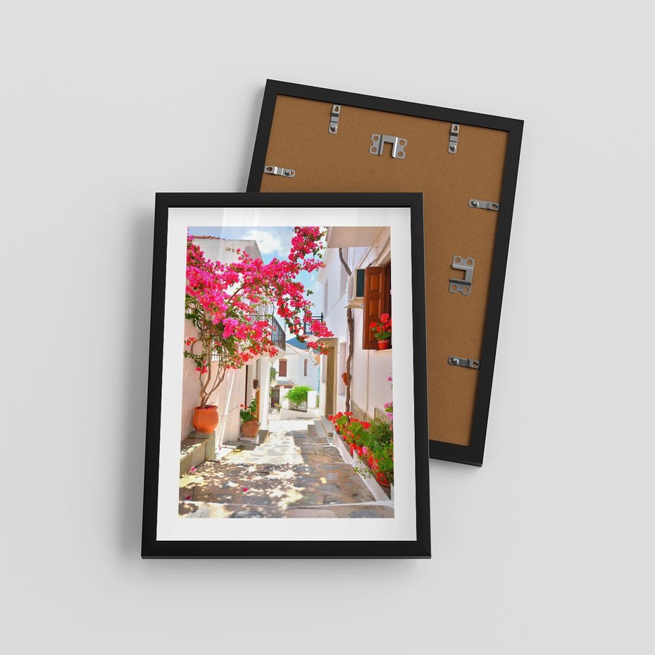 Plakat w ramie 30x40 - Kwiatowa uliczka wakacji - kwiaty, uliczka - rama czarna