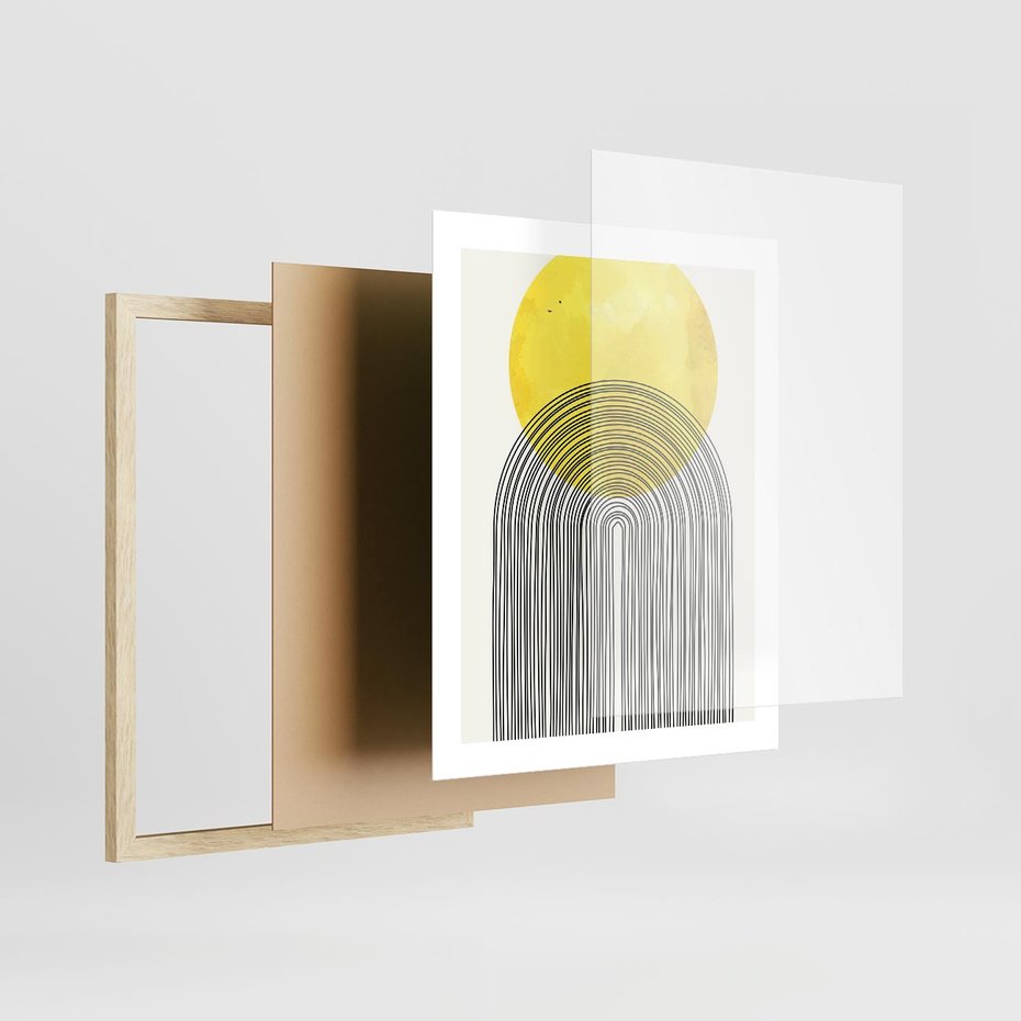 Plakat w ramie 40x50 - Słoneczne Odbicia - geometria, żółte koło - rama drewno