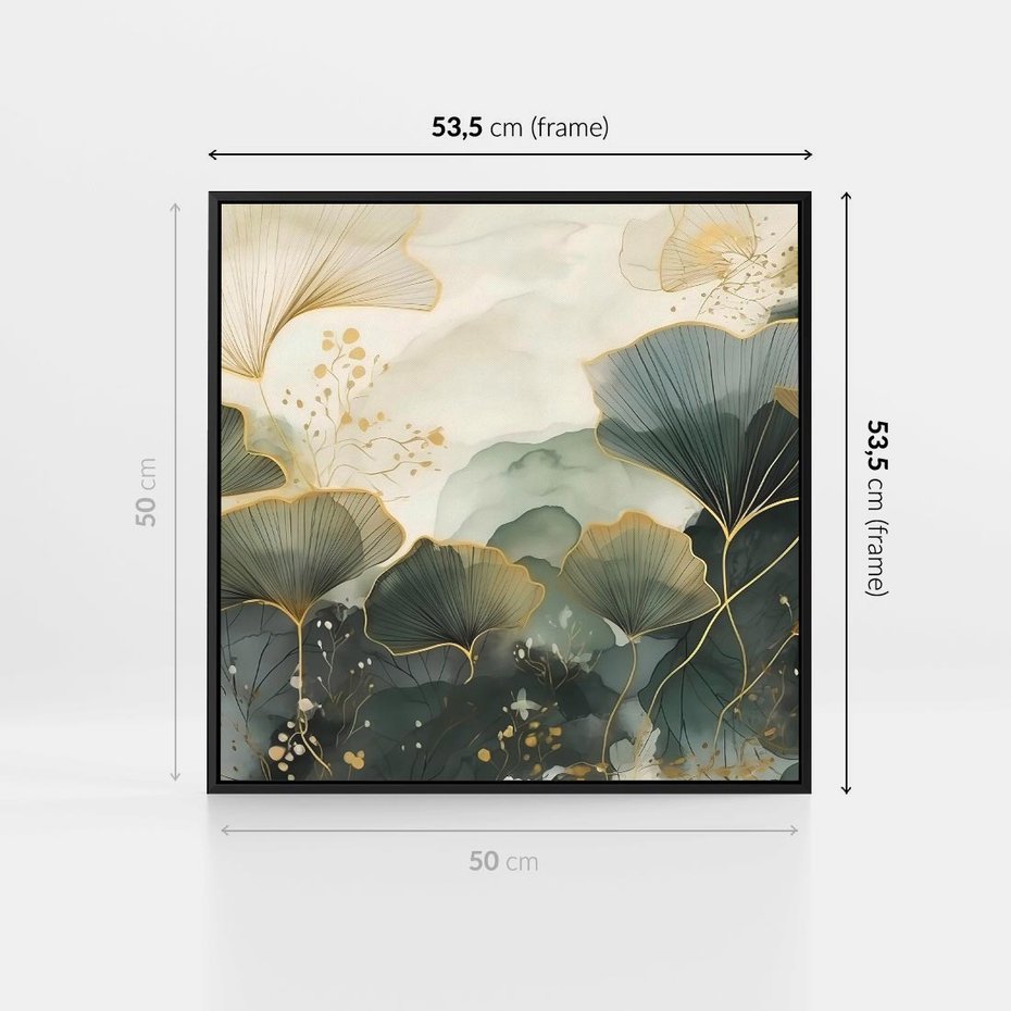 Obraz w ramie 50x50 - Natura w Złotym Odcieniu - złote elementy, liście miłorzębu japońskiego - rama czarna