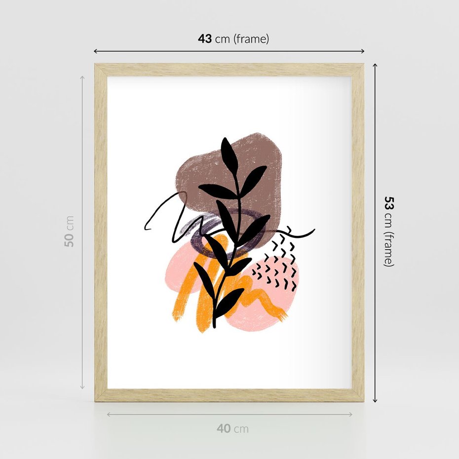 Plakat w ramie 40x50 - Echa Kształtującej się Wyobraźni - abstrakcyjna sztuka, liść gałązka - rama drewno