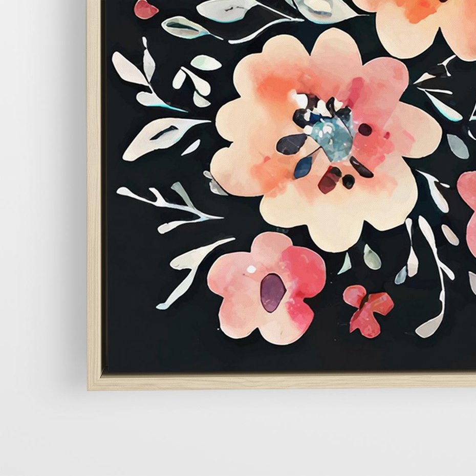 Obraz w ramie 70x50 - Labirynty melancholii - akwarelowe, pastelowe kwiaty na czarnym tle - rama drewno