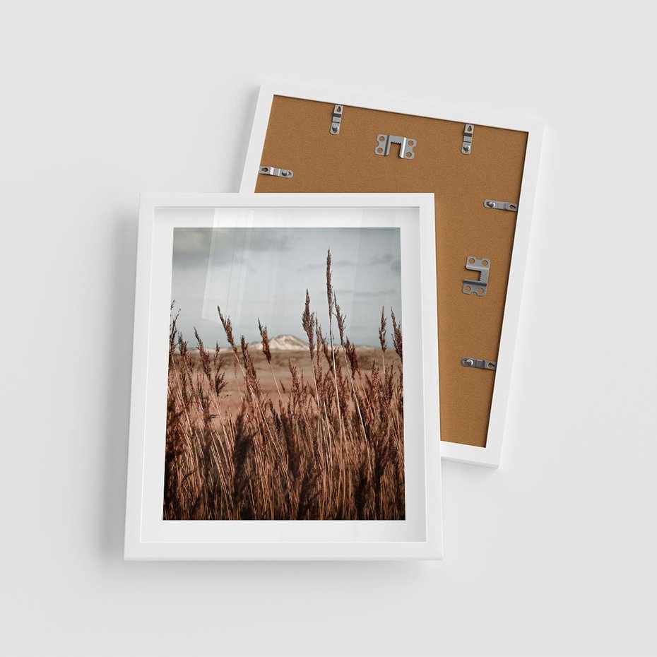 Plakat w ramie 40x50 - Wysokie Trawy w Górskim Krajobrazie - suche trawy, wysokie trawy - rama biała