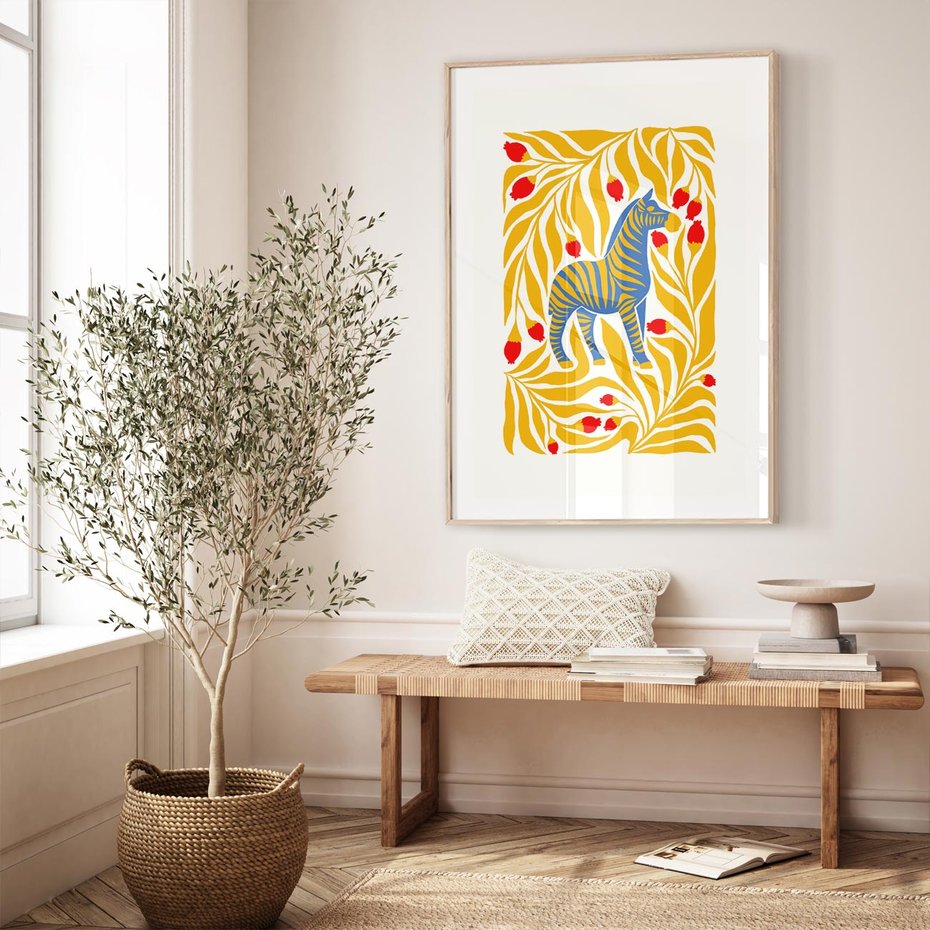 Plakat w ramie 50x70 - Zebra w Nowoczesności - abstrakcyjna nowoczesna grafika, pośrodku zebra - rama drewno