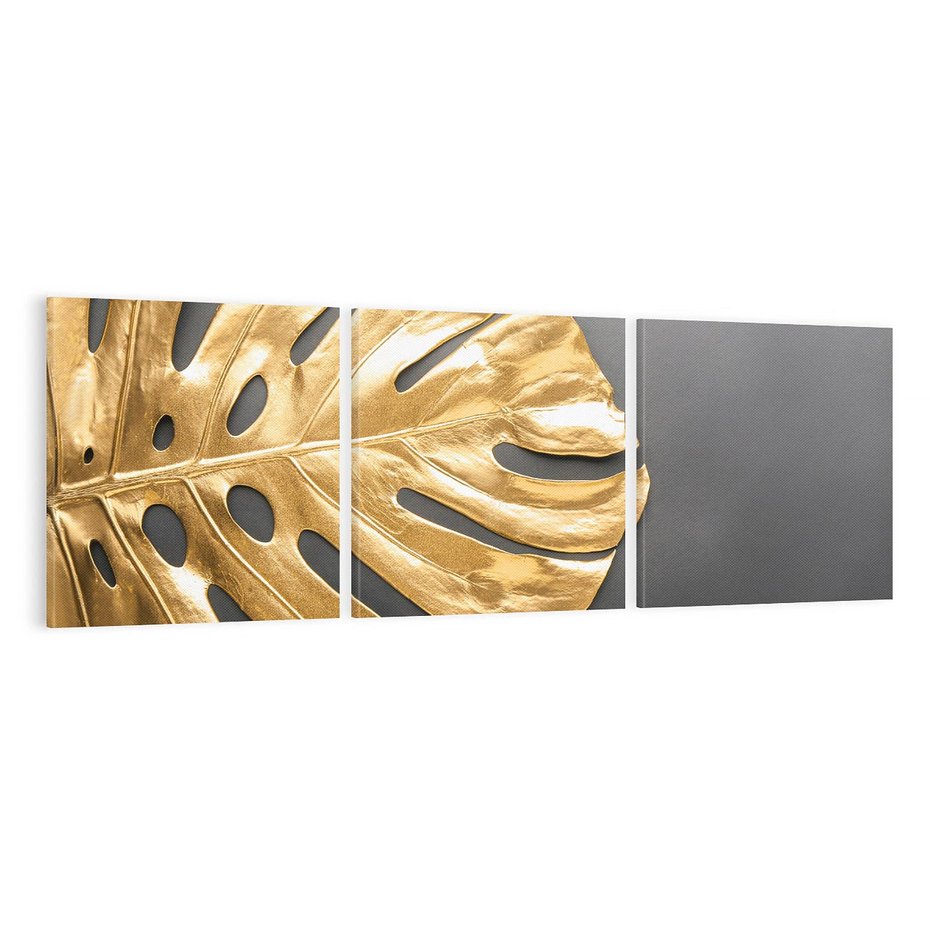 Obraz na płótnie 150x50 - Złoty Liść Monstera - złoty, liść