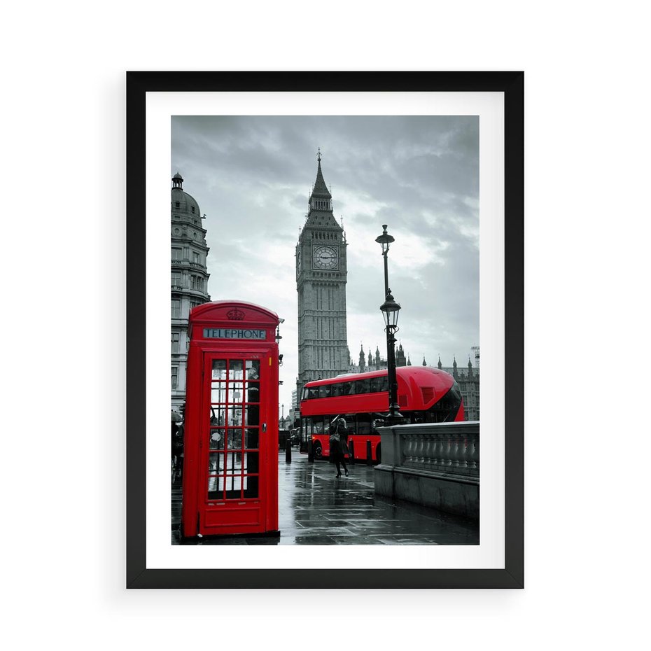Plakat w ramie 50x70 - Uliczka z charakterystyczną budką w Londynie - Londyn, budka - rama czarna