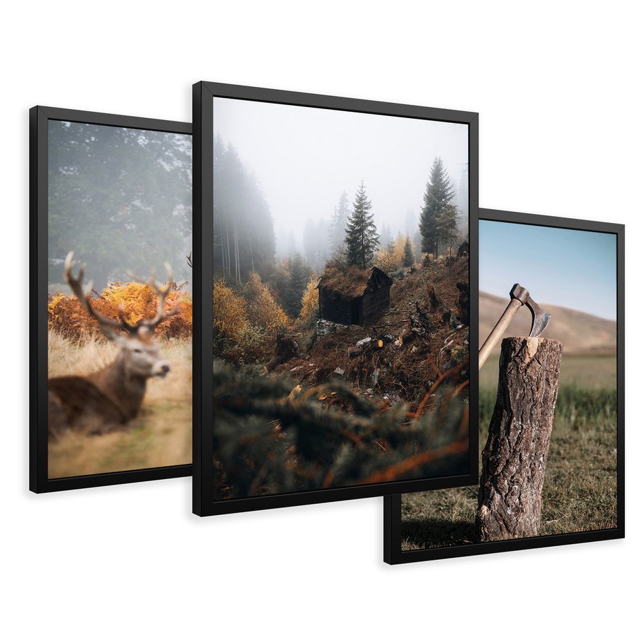 Zestaw obrazy w ramie 40x50 galeria - Góry, jelenie, skandynawski, las - rama czarna