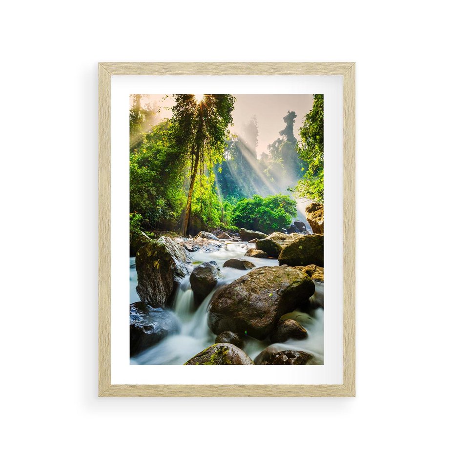Plakat w ramie 30x40 - Idylliczny strumyk w urokliwym lesie - strumyk, las - rama drewno