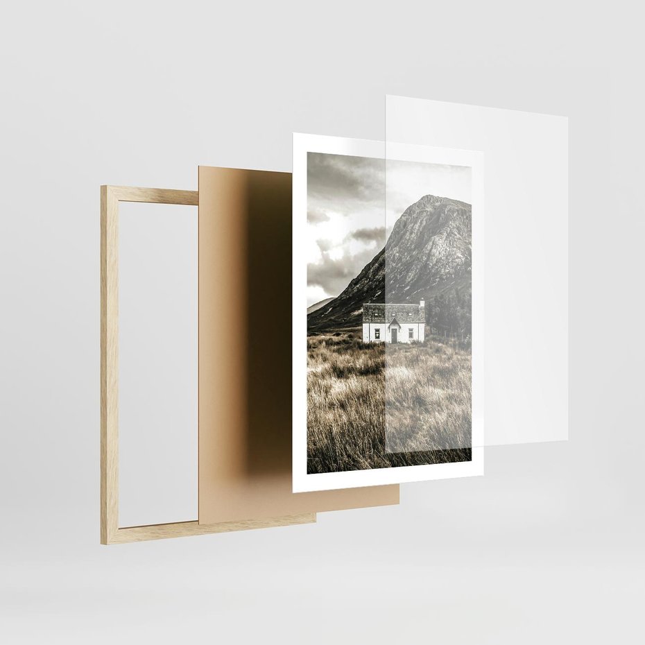 Plakat w ramie 50x70 - Biały Domek w Sepii: Wiejski Urok - domek w górach, kolory sepii - rama drewno