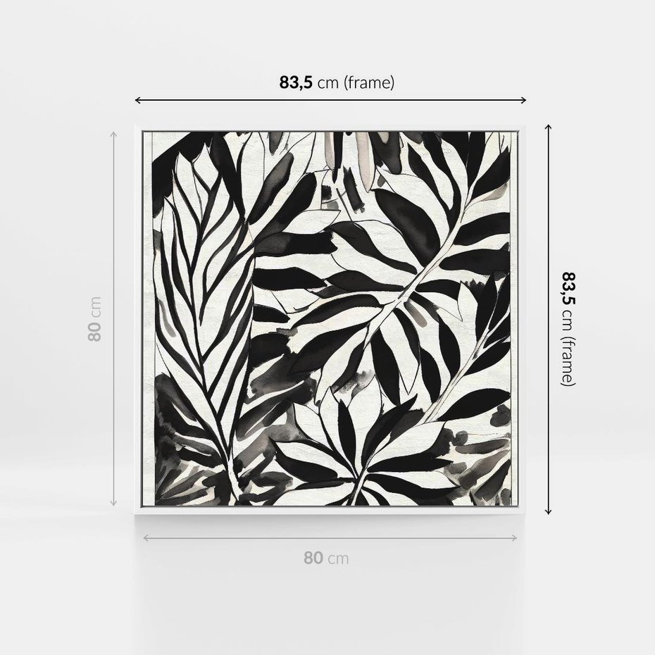 Obraz w ramie 80x80 - Czarne Liście - akwarelowy obraz, czarno biały - rama biała