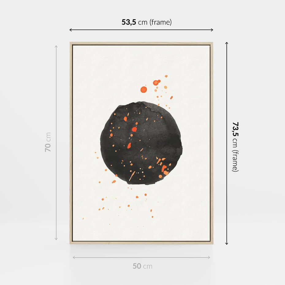 Obraz w ramie 50x70 - Wibracje Kolorów - abstrakcyjna czarna plama, rozsiane pomarańczowe kropki - rama drewno