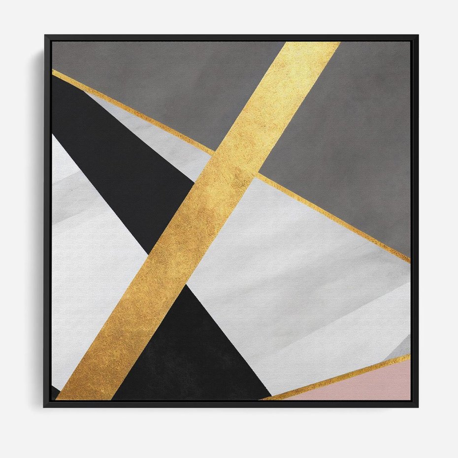 Obraz w ramie 50x50 - Pudrowe Abstrakcyjne Lustra - złote abstrakcyjne linie, szarość - rama czarna