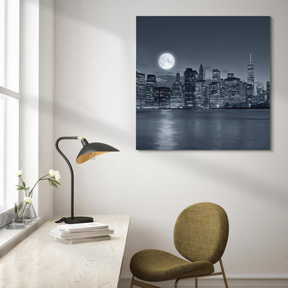 Obraz na płótnie 70x70 - Księżyc nad miastem nocą - księżyc, miasto