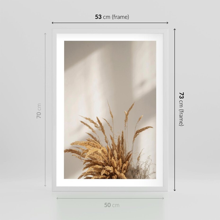 Plakat w ramie 50x70 - mpresyjne układy traw - boho, trawy - rama biała