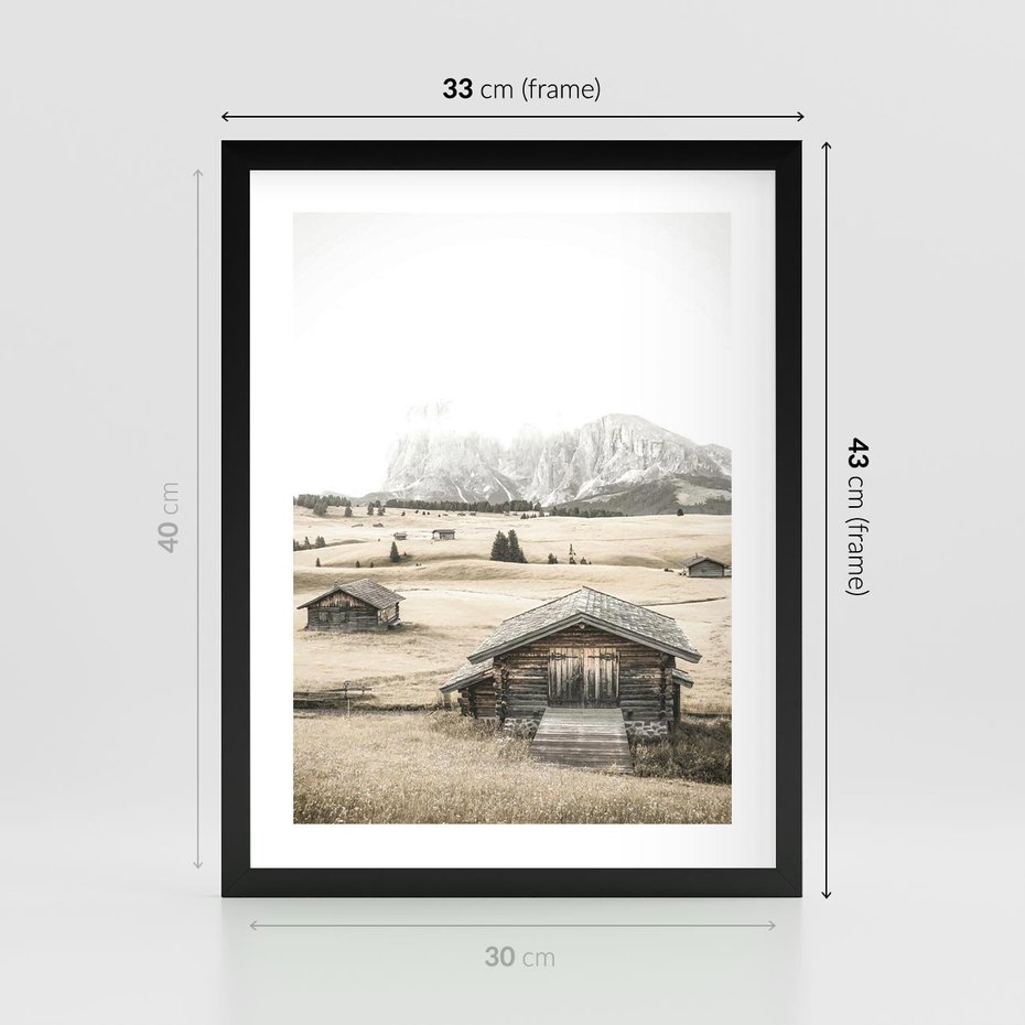 Plakat w ramie 30x40 - Chatka w Górskiej Sepii - domek w górach, chatka - rama czarna