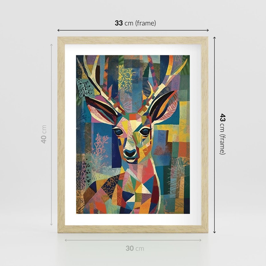 Plakat w ramie 30x40 - Bezgraniczne Kontury Zaskoczenia - abstrakcyjny obraz olejny, jeleń - rama drewno