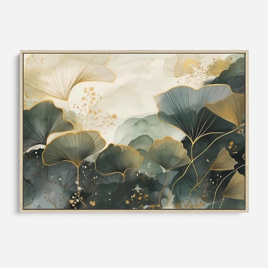 Obraz w ramie 120x80 - Natura w Złotym Odcieniu - złote elementy, liście miłorzębu japońskiego - rama drewno