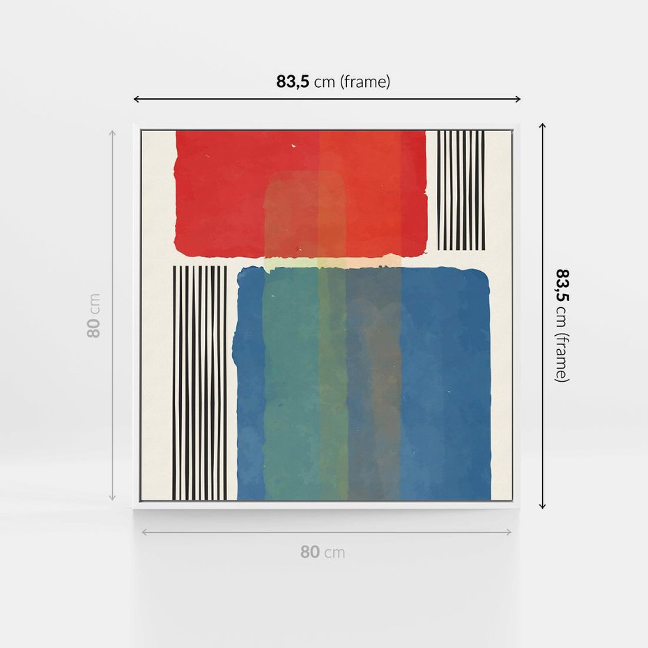 Obraz w ramie 80x80 - Kolorowe Spektrum - kolorowa geometria, prostokąty w intensywnych kształtach i czarne kreski - rama biała