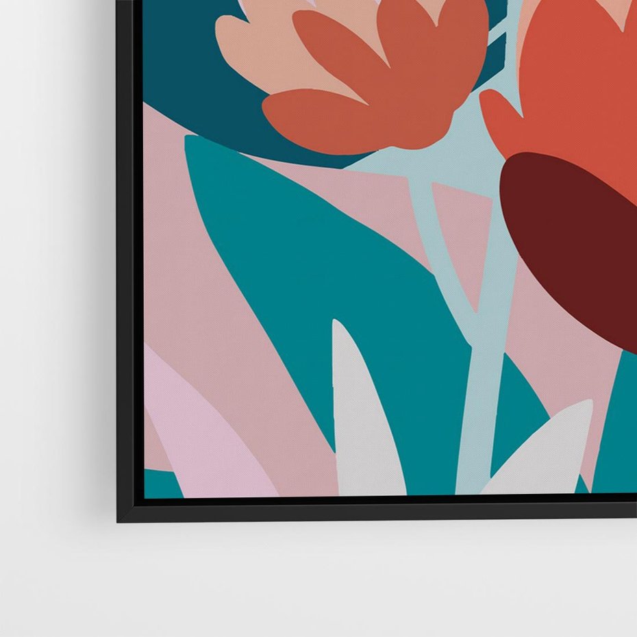 Obraz w ramie 50x50 - Symfonia Kwiatów - abstrakcyjna kompozycja kwiatowych form, kolor zgaszone - rama czarna
