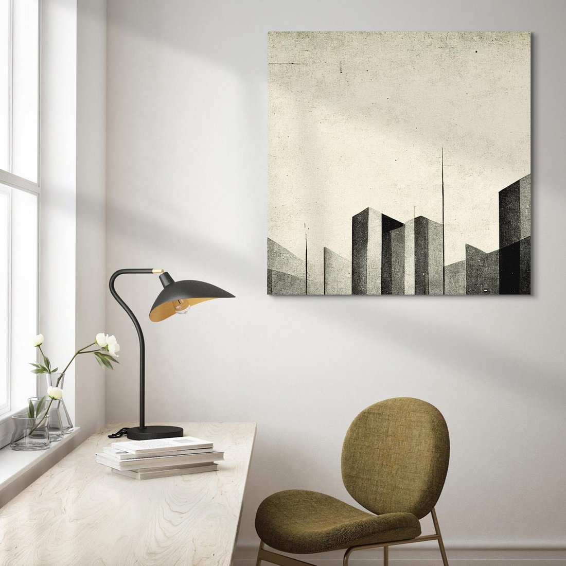 Obraz na płótnie 50x50 - Mroczne Wieżowce - postarzana grafika, perspektywa budynków wieżowców