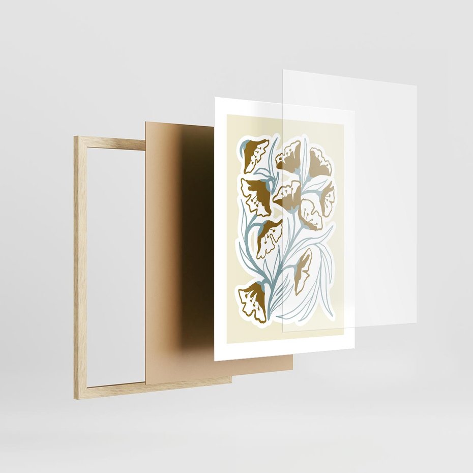 Plakat w ramie 30x40 - Wibracje Widzenia - abstrakcyjne beżowe kwiaty, elegancka kompozycja - rama drewno
