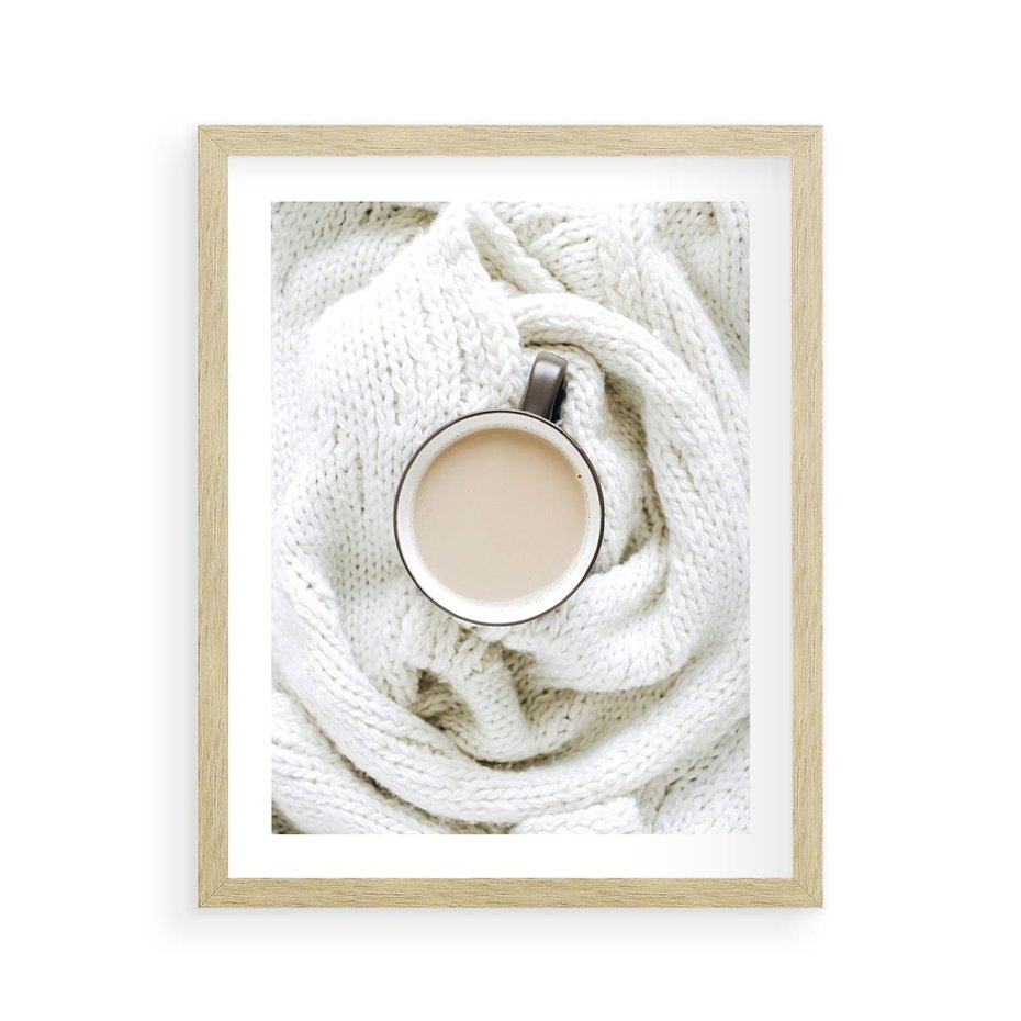 Plakat w ramie 40x50 - Kawa na Wełnianym Kocu - kawa, biały wełniany koc - rama drewno