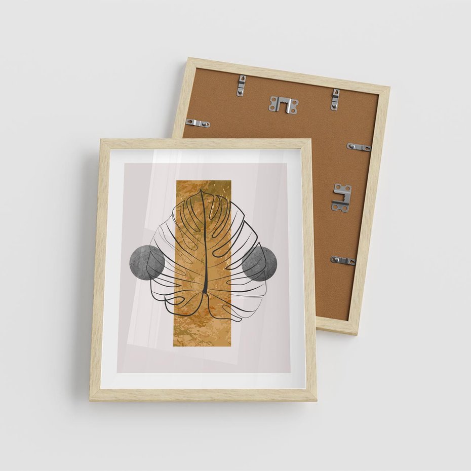 Plakat w ramie 40x50 - Minimalistyczna Monstera: Złoty Prostokąt - liść monstery, minimalizm - rama drewno