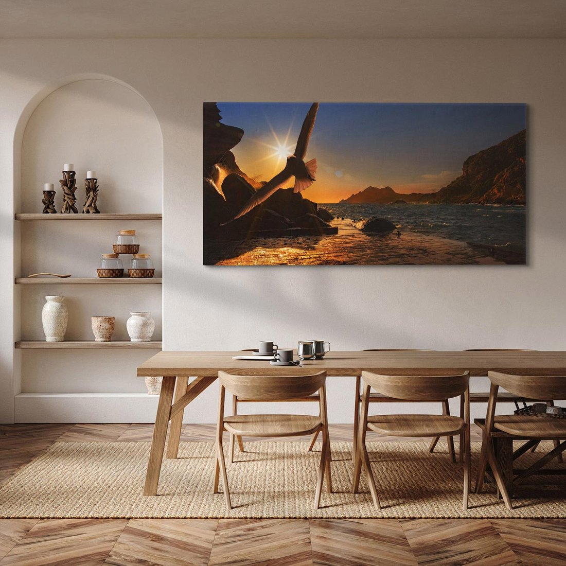 Obraz na płótnie 120x60 - Zachód słońca nad morzem z mewą - mewa, morze