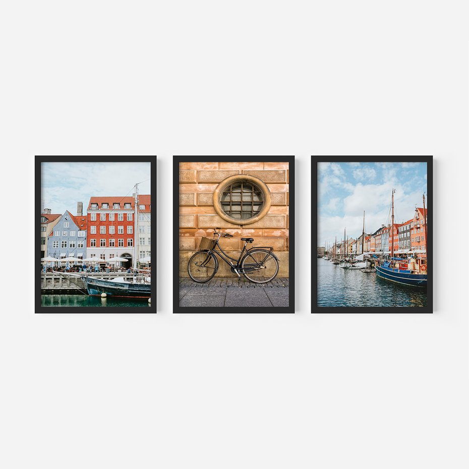 Zestaw obrazy w ramie 50x70 galeria - Kopenhaga, Holandia, rower, domki, port - rama czarna