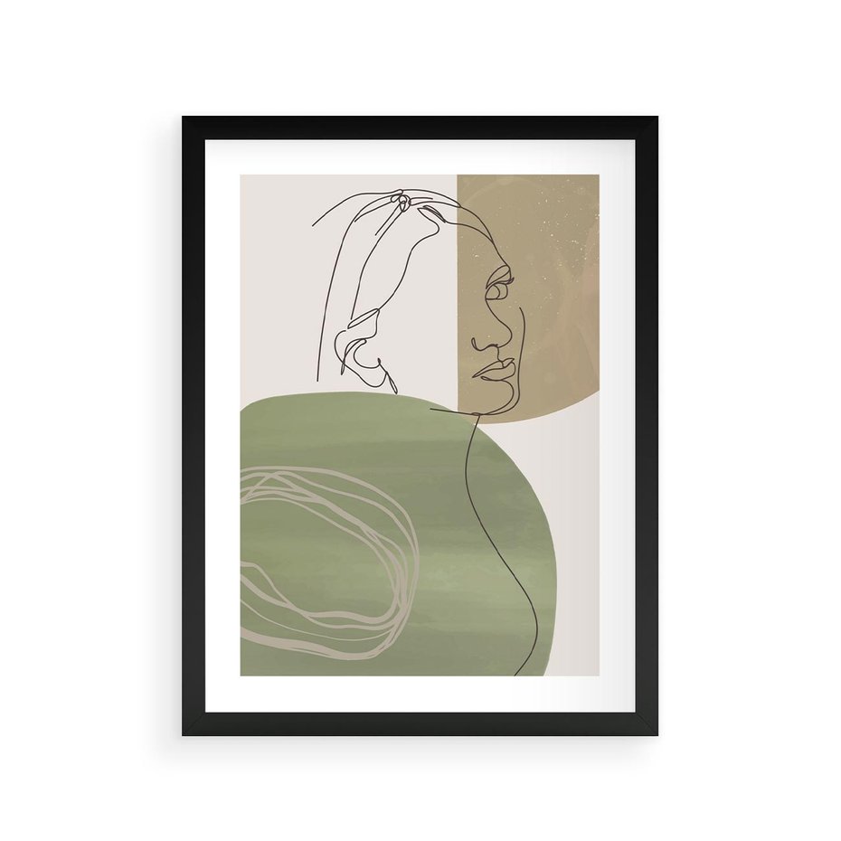 Plakat w ramie 30x40 - Jedna Linia, Wiele Emocji - akwarelowe plamy, na nich szkic postaci kobiety jedną linią - rama czarna