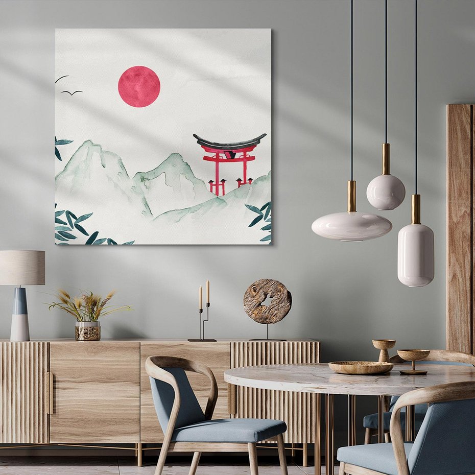 Obraz na płótnie 70x70 - Słońce nad Górami - japoński krajobraz, góry