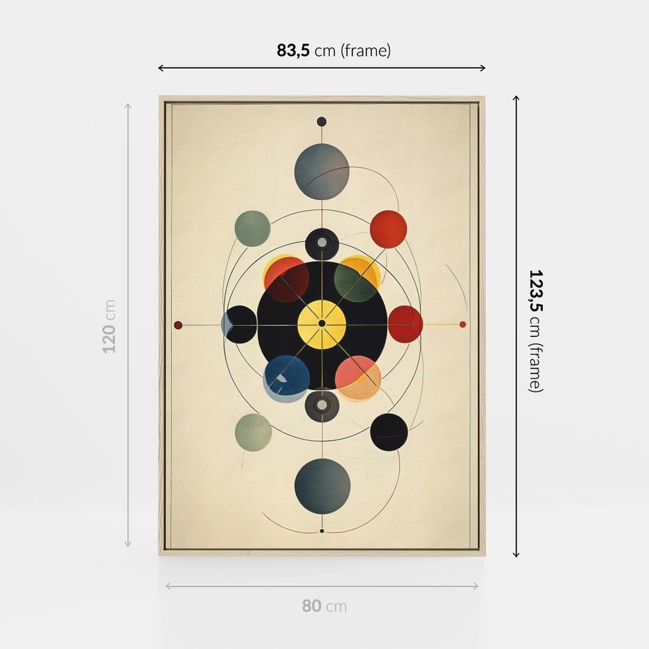 Obraz w ramie 80x120 - Bezgraniczny Taniec Światła - abstrakcyjna geometryczna kompozycja, koła linie - rama drewno