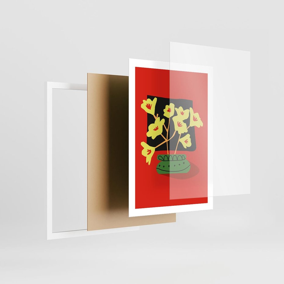 Plakat w ramie 50x70 - Abstrakcyjne Przenikanie - abstrakcyjne kwiaty, czerwone tło - rama biała