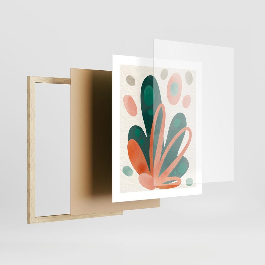 Plakat w ramie 40x50 - Harmonia bez Harmonii - akwarelowe abstrakcyjne kształty, zieleń i pomarańcz - rama drewno