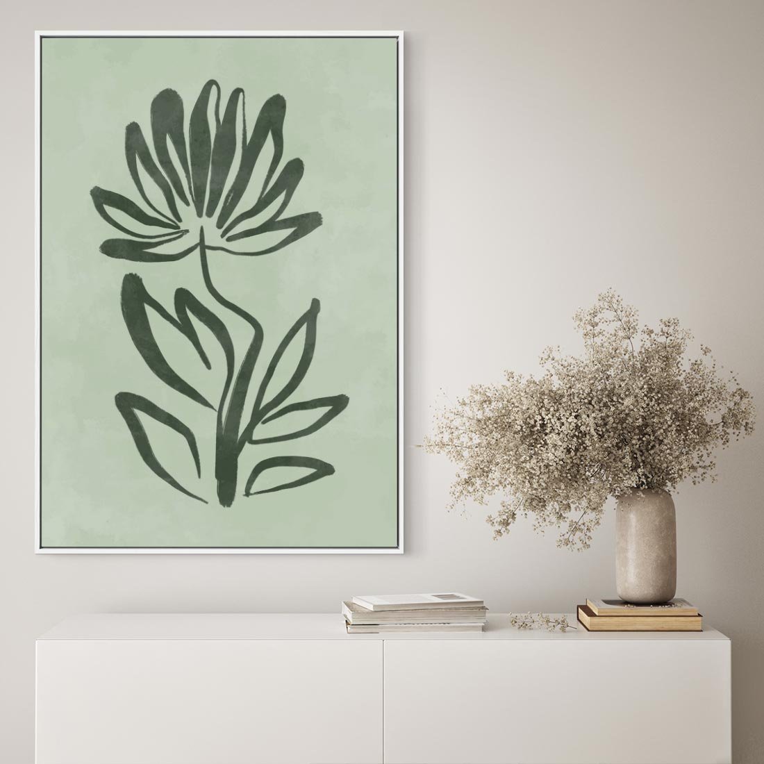 Obraz w ramie 70x100 - Zieleń Wyjątkowego Ukojenia - zielona abstrakcja, zgaszona zieleń - rama biała