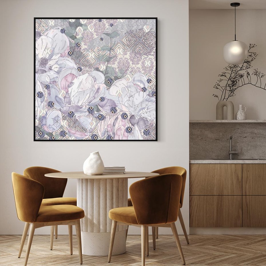 Obraz w ramie 50x50 - Malowane oddechy istnienia - pomieszane tekstury, kwiatowe elementy - rama czarna