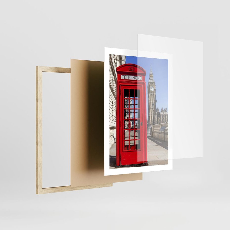 Plakat w ramie 50x70 - Ikoniczna budka telefoniczna w Londynie - budka, telefoniczna - rama drewno