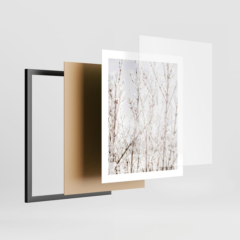 Plakat w ramie 40x50 - Szron na Gałęziach - ośnieżone gałązki, szron na gałęziach - rama czarna