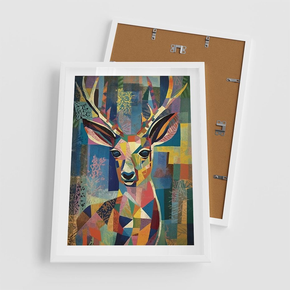 Plakat w ramie 50x70 - Bezgraniczne Kontury Zaskoczenia - abstrakcyjny obraz olejny, jeleń - rama biała