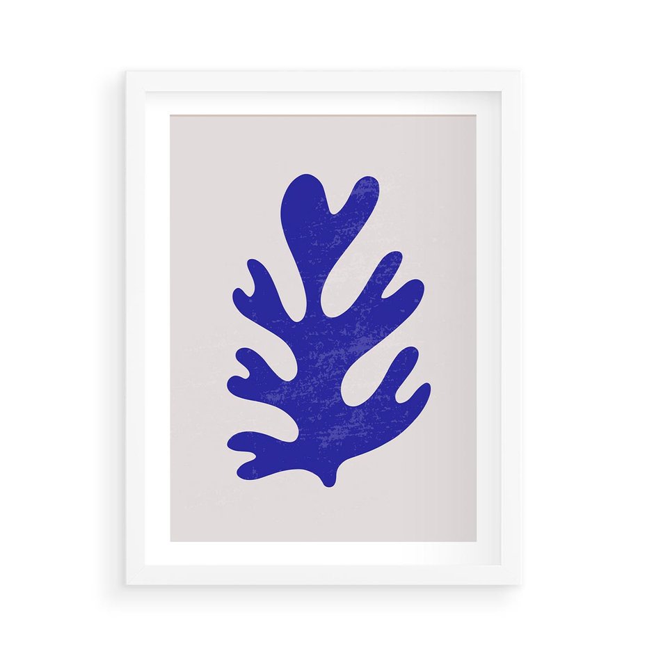 Plakat w ramie 50x70 - Przenikająca Struktura - boho plakat, niebieski liść w intensywnym kolorze - rama biała