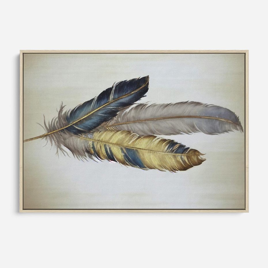 Obraz w ramie 100x70 - Granatowo-Złote Pióra - sztuka, granatowe i złote pióra - rama drewno