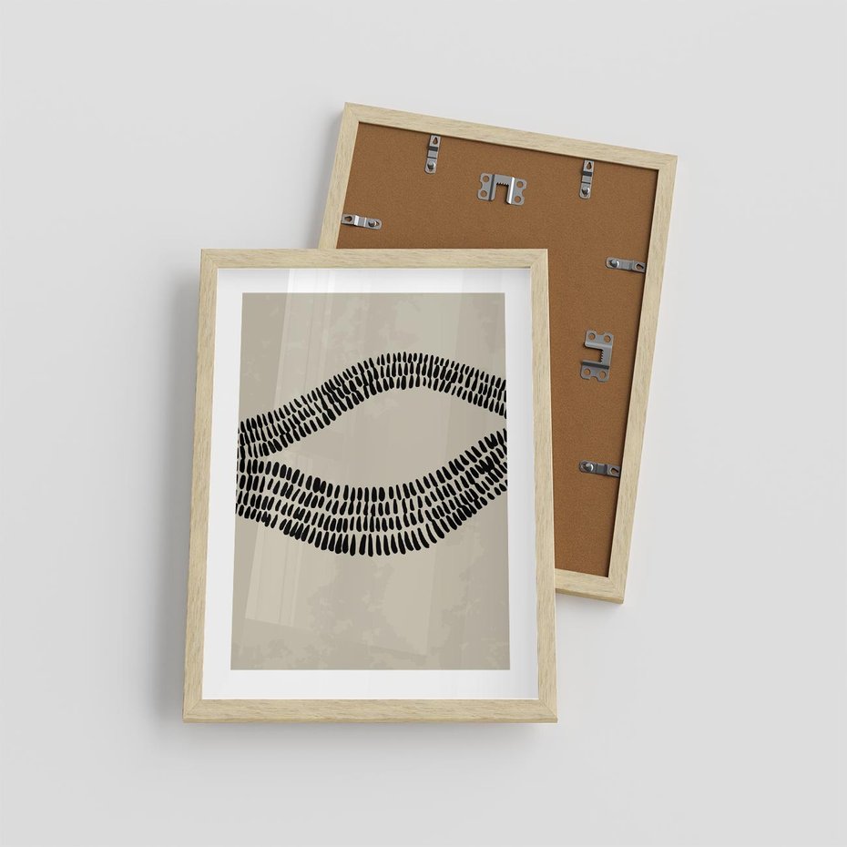 Plakat w ramie 30x40 - Kontury Ewolucji Materii - boho plakat, czarne kropki kreski - rama drewno